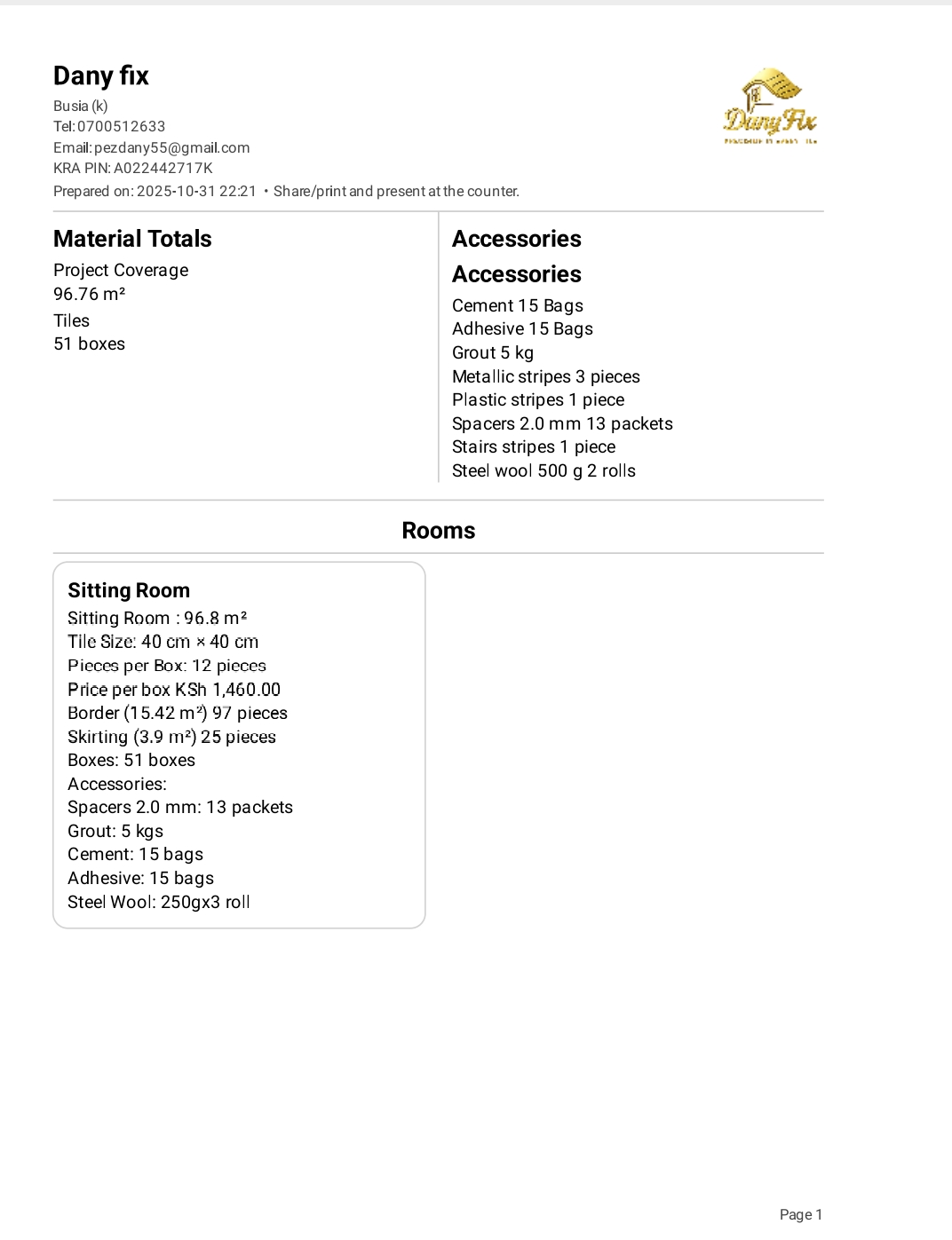 PDF showing Material Totals, Accessories, and Rooms.